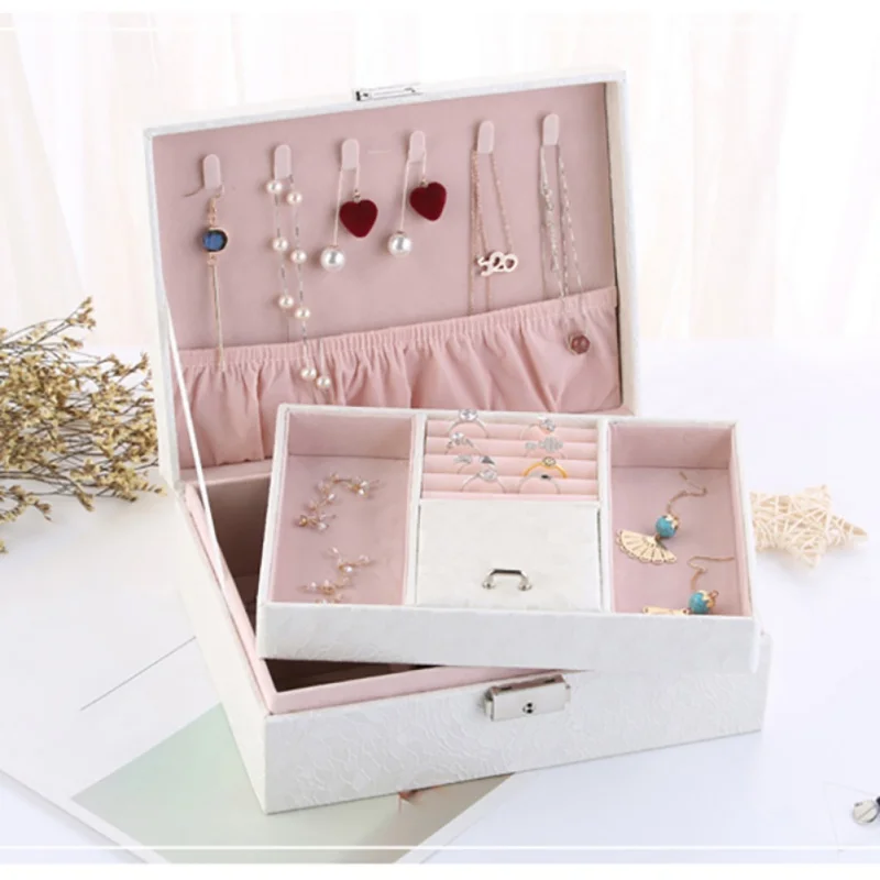 Jewelry Storage Case Organizer Box with Lock for Earrings Bracelets Rings Necklace Dual-Layers PU Leather New - Цвет: Белый