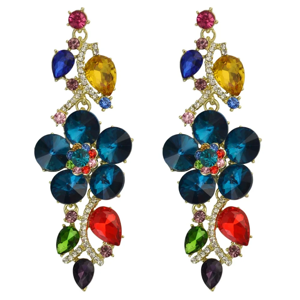 

Big Luxury Colorful Flower Shiny Dangle Rhinestone Crystal Water Drop Statement Earrings Bridal Wedding Women Ears Accessory