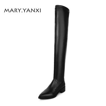 

Spring/Autumn Women Shoes Knee-High Boots Long Boots Genuine Leather Flock Nubuck Slip-on Pointed Toe Big Size Med Heels Solid
