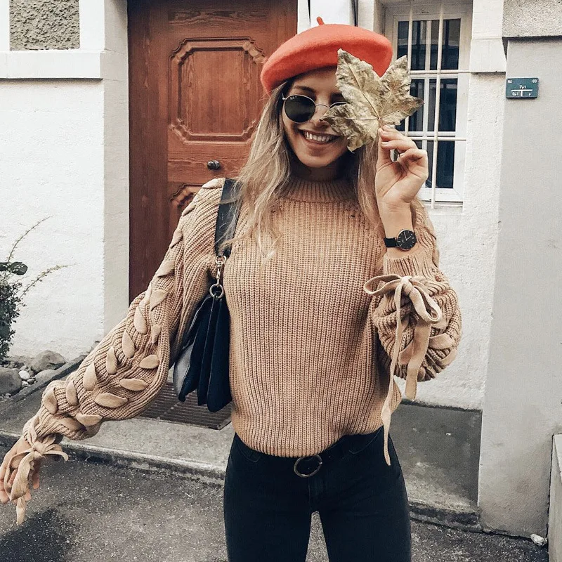 

2019 SELLWORLDER Women lacing Sleeve Pullover Top Casual Solid Hollow girl's Sweaters