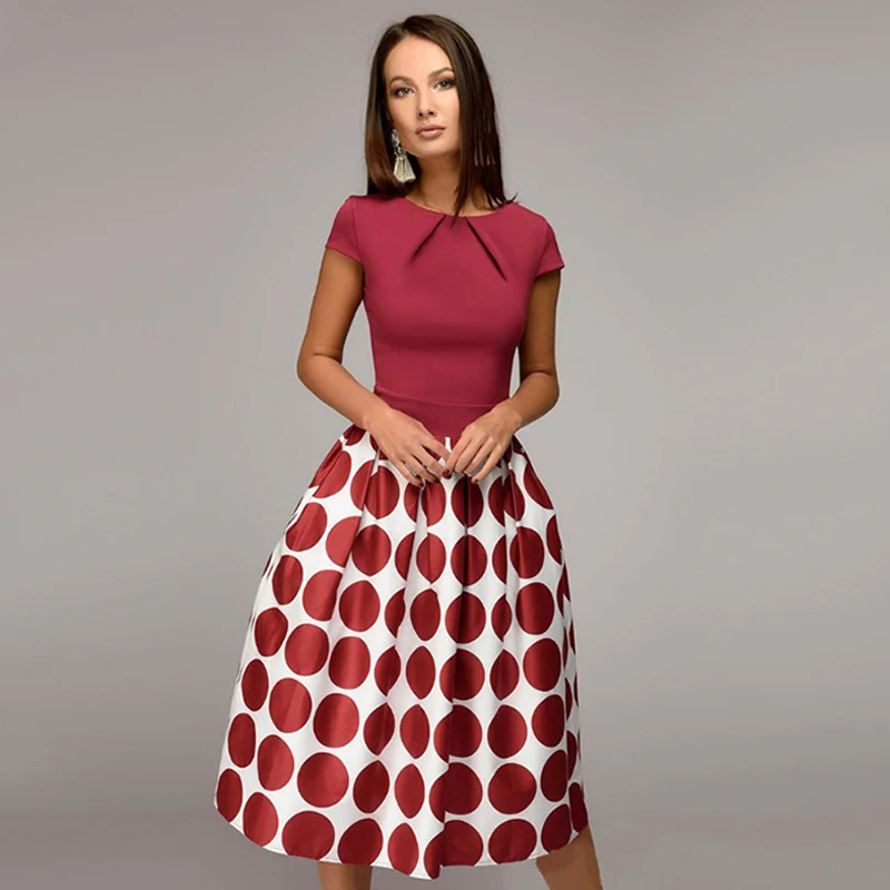 

Women's Vintage Polka Dot Pleated Midi Dresses Vestido Elegant Party Dress Summer Casual Dress O-Neck Short Sleeve A-line Dress