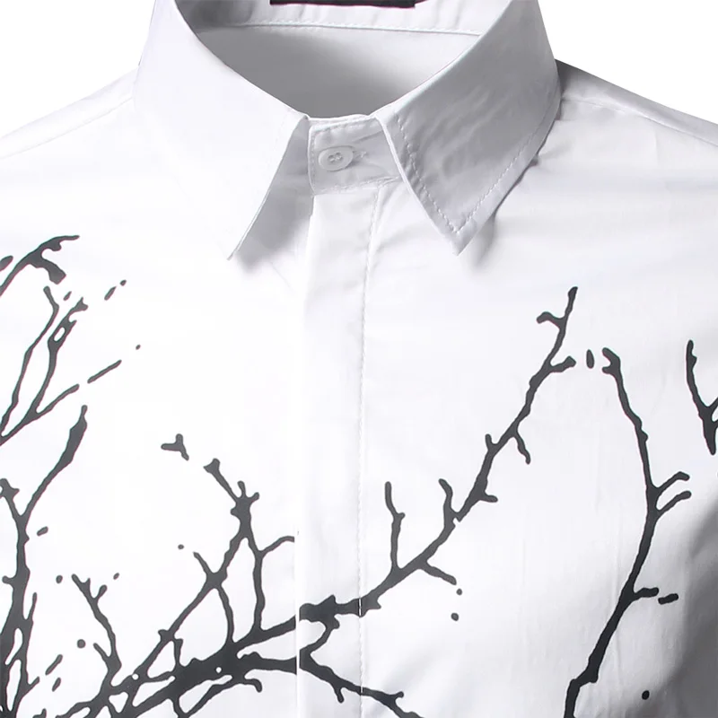 Роскошная мужская рубашка, Брендовые мужские рубашки с принтом в виде веток, повседневные облегающие рубашки белого и черного цветов, мужские хлопковые рубашки