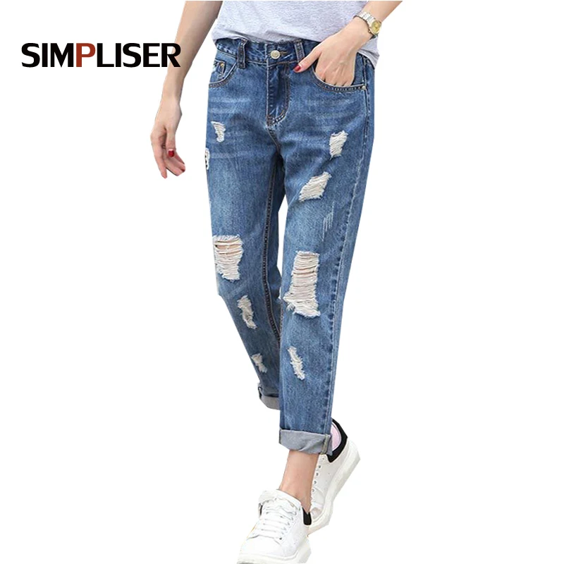 

SIMPLISER Loose Jeans Pants Women 2018 Summer Fashion Hole Denim Blue Trousers Femme Plus Size Pantalon 26-32 Boy Friend Style