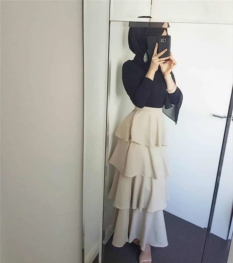 

Longer length Elegant Modest Muslim cascading ruffle cake style Islamic skirts female ruffles Skirt big swing Long Skirts Wq1806