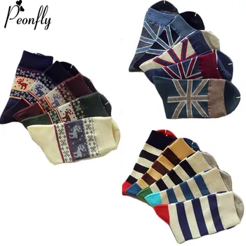 

PEONFLY Men Print Elk Cartoon Animal Fashion Stripes Flag Pattern Socks Casual Business Ventilation Cotton Male Socks 5pairs/lot