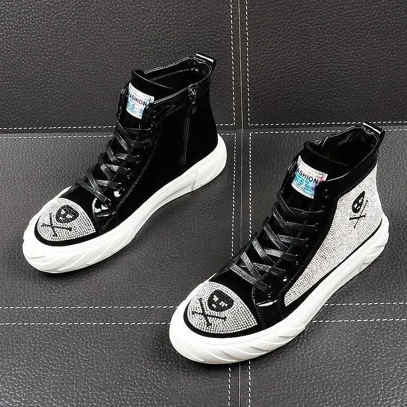 

Britain designer Men Skeleton rhinestone flats platform Shoes skateboard Man high tops comfortable loafers Shoe zapatos de novio