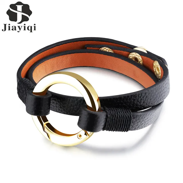 Jiayiqi Fashion Black Leather Bracelet Women Wrap Rope Chain Jiayiqi Fashion Black Leather Bracelet Women Wrap Rope Chain Bracelets Female Golden Color Adjule Jewelry Accessories