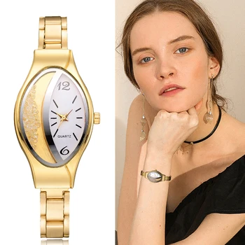 

Women Bracelet Watch Gold Fashion Luxury Stainless Steel Wrist Watch Rhinestone Ellipse Creative Ladies Dress Quartz Watch