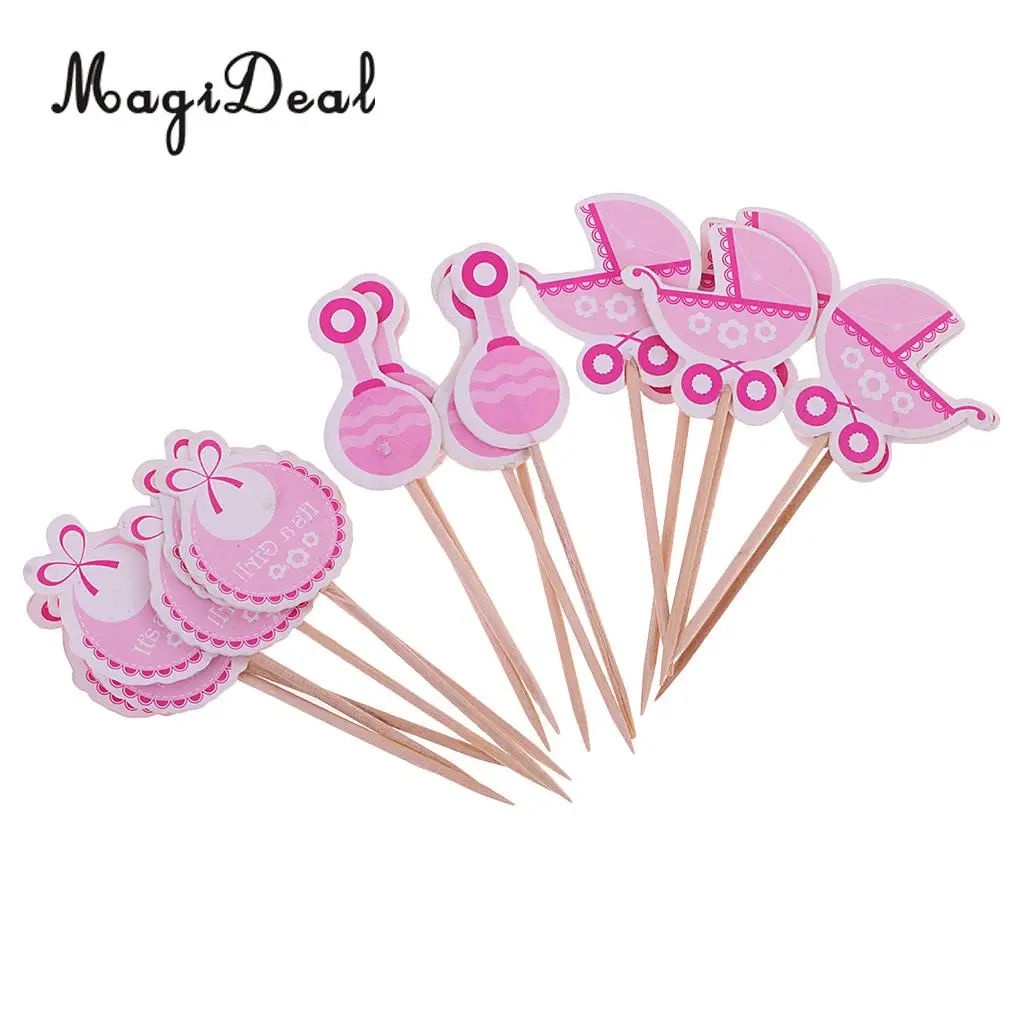 Pack of 36pcs Baby Shower Cupcake Picks Christening Baby Carriage Bib Rattle Cupcake Toppers It's a Girl Boy Party Accessories