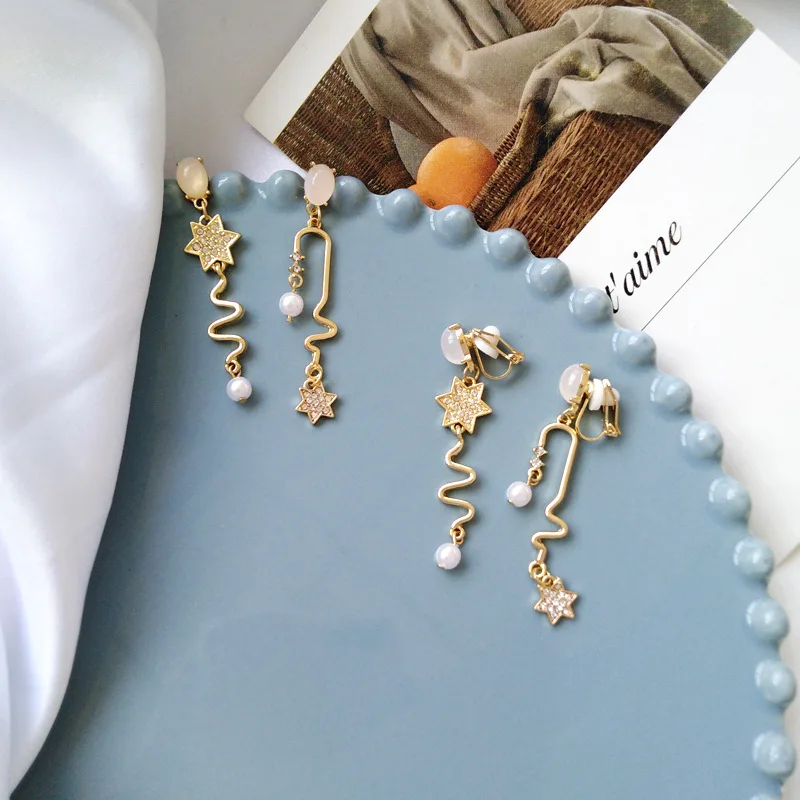 

Simple Metal Tassel Line Thread Long Clip Earring No Pierced Ears Geometric Pearl Ovak Stone Crystal Clip on Earrings