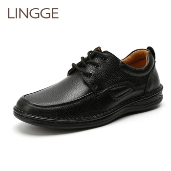 

LINGGE Brand Genuine Leather Black Men's Shoes Light Weight Lace-Up Business Shoe Comfortable Shoe For Men