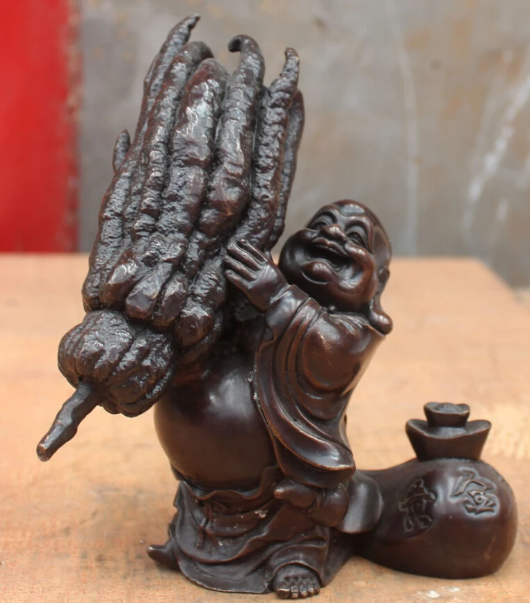 

Pure Bronze Happy Laugh Smile Maitreya Buddha Hold Yuanbao Bag Chayote Statue