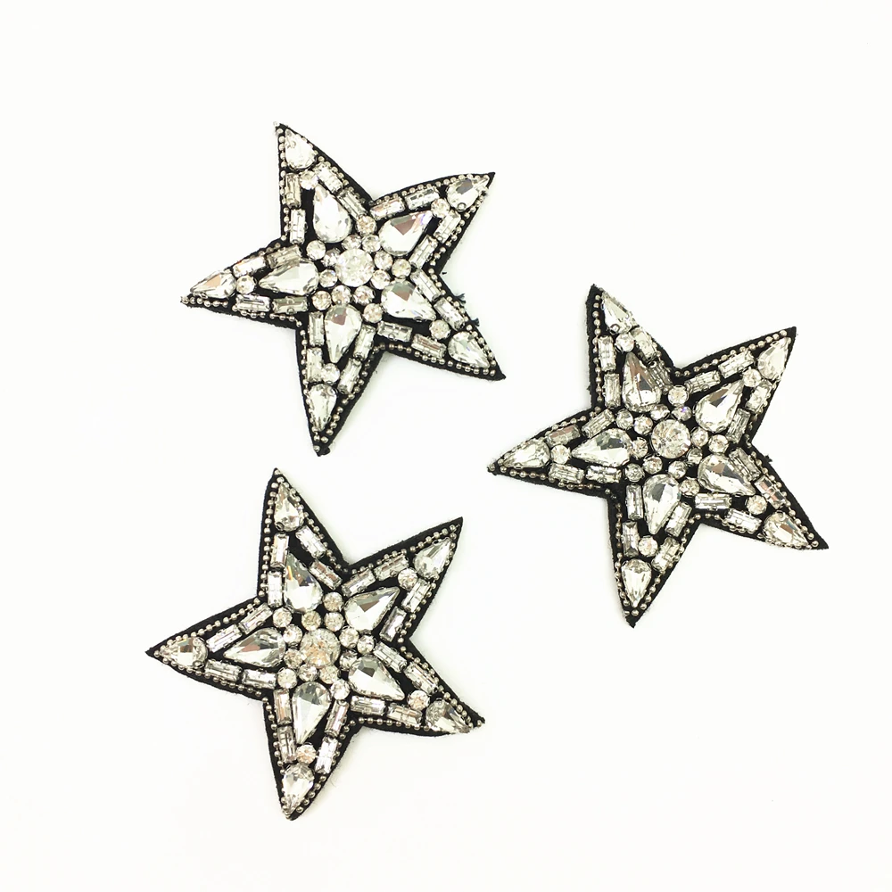 3pc 7x7cm Sew On Star Patch Rhinestone Beaded Stars Applique Patches