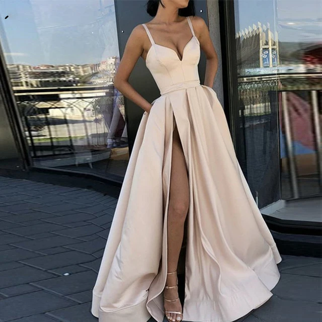171Custom Made A Line Royal Blue Spaghetti Straps Sweetheart Prom Dress with High Slit Satin Long Evening Gown 2019