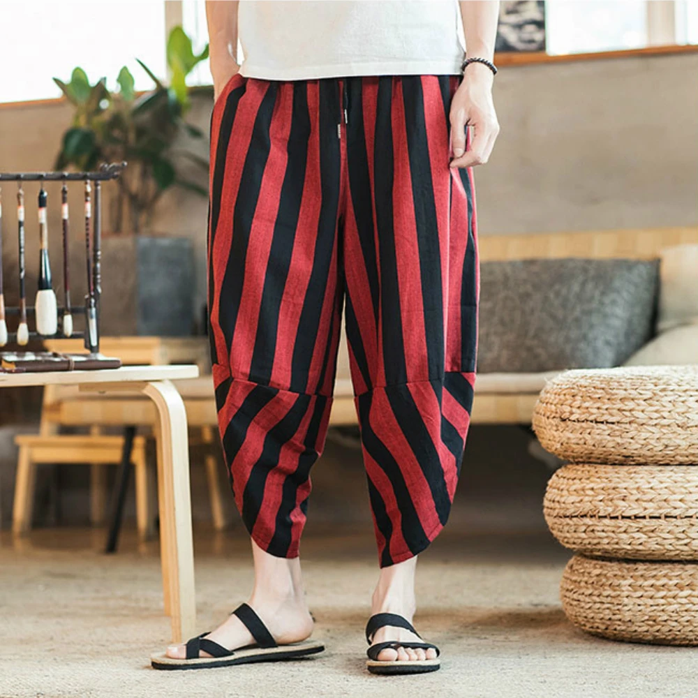 New Summer Men Linen Cotton Chinese Style Wide Leg Trousers MensJogger Hip Hop Streetwear Pants Casual  Loose Bloomers Pantaloni