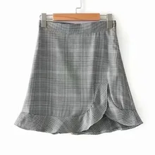 Клетчатая Высокая талия для похудения гофрированная Мини юбка Летняя женская новая юбка пакет бедра Повседневная Половина шаг Женская юбка