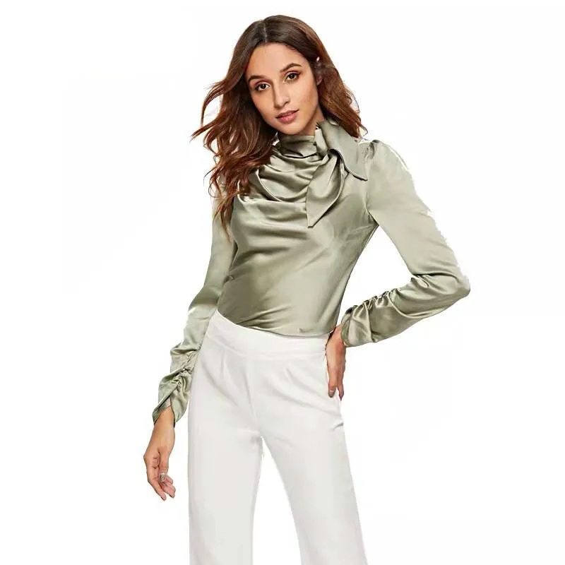 

New 2019 Spring Women Blouses Satin Soft Shirt High Quality Long Sleeves Bow Turtle Neck Designer Feminine Party Elegant Tops