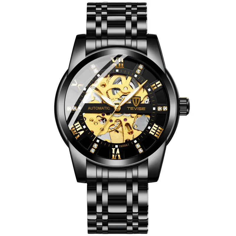 TEVISE Top Luxury Brand Mens Automatic Watches Men Stainless steel Skeleton Mechanical Wristwatch Relogio Masculino - Цвет: black