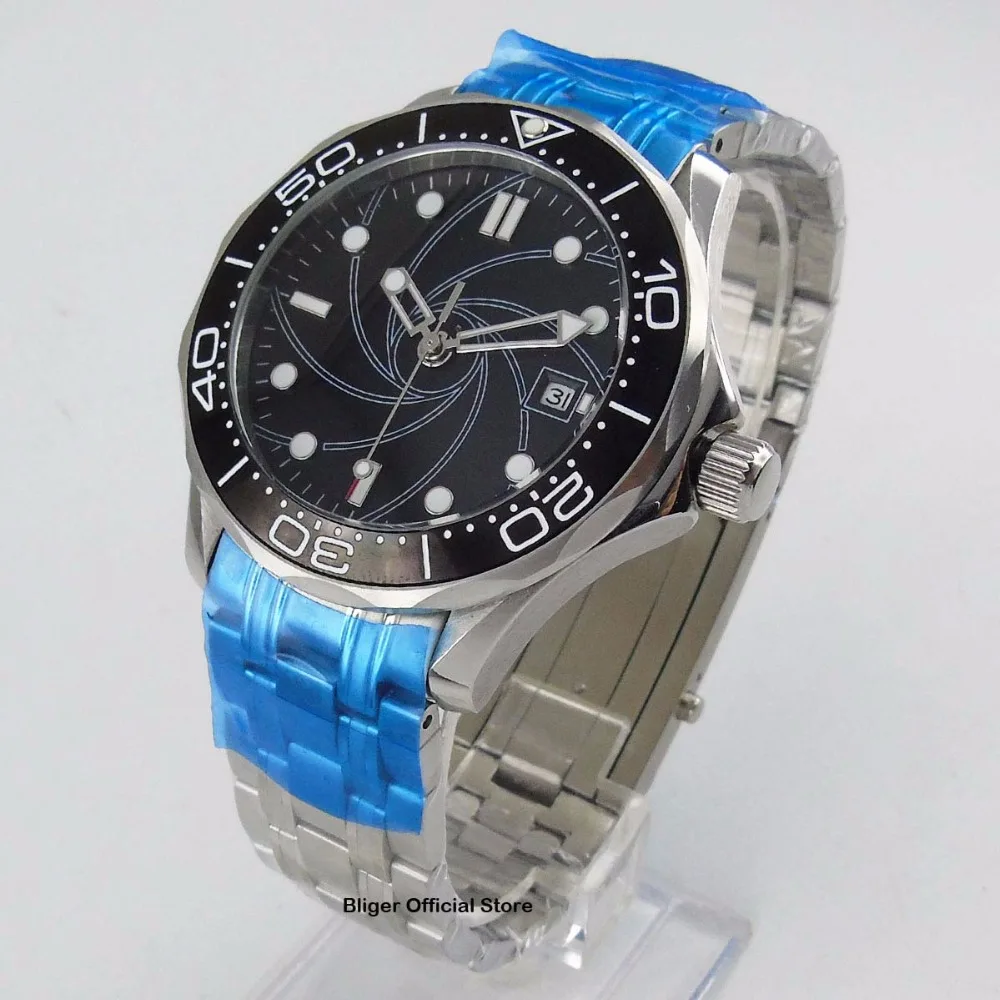 

41mm Black Sterile Dial Men's Watch Spiral Pattern Ceramic Bezel Luminous Marks Date MIYOTA 8215 Automatic Movement
