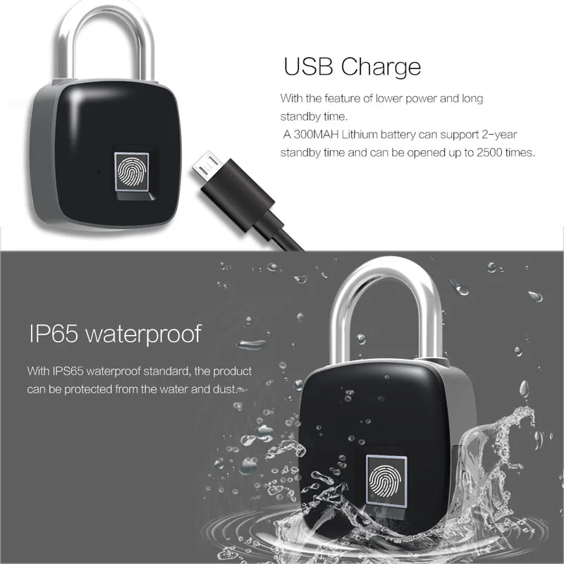 USB Перезаряжаемый смарт замок без ключа разблокировка отпечатков пальцев IP65