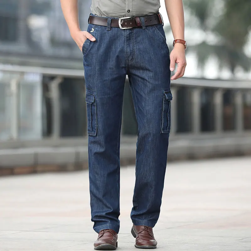 Summer JEEP Brand Cotton Cargo Jeans Elastic Men's Casual Full Length Retro Jeans Multi Pockets Cotton Pants Fashion Trousers 44 (29)