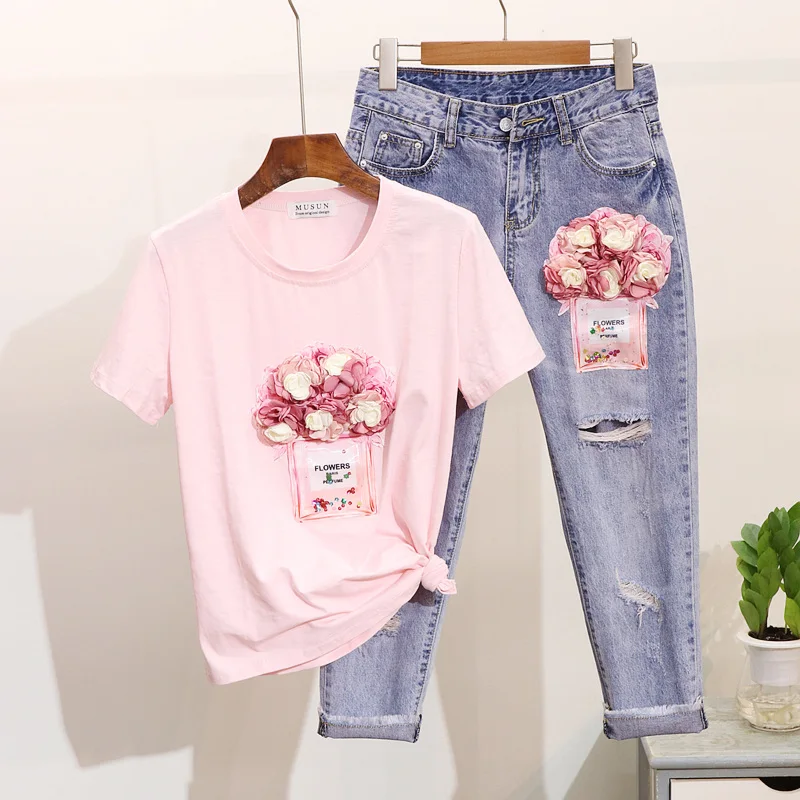 

2019 spring summer 2 pieces jeans suits 3D floral Bottle Tshirt tops + jeans pants set Women two piece set tracksuit