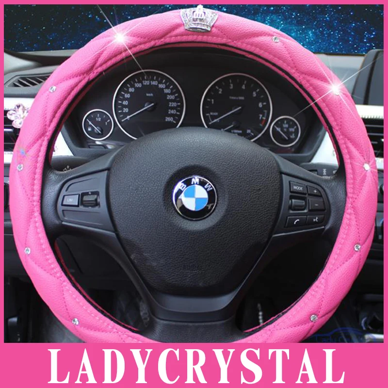 Ladycrystal Diamond Bling Bling Crown Pink Soft Leather Car Steering