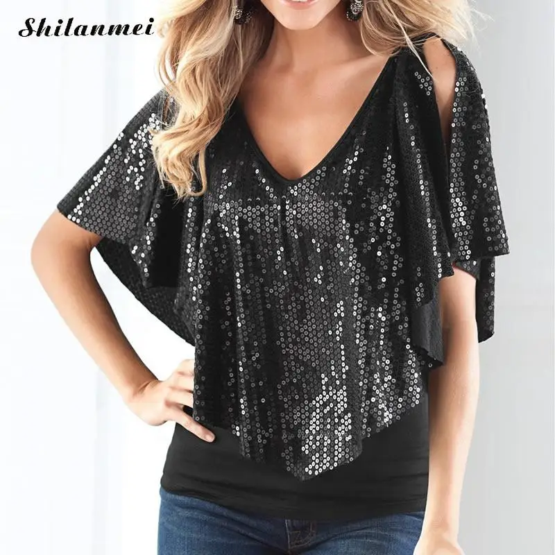 

2018 Fashion Summer Sequin Women Blouse Off The Shoulder Women Sparkle Glitter Short Sleeve Ladies Tops Ruffles Camisetas Mujer