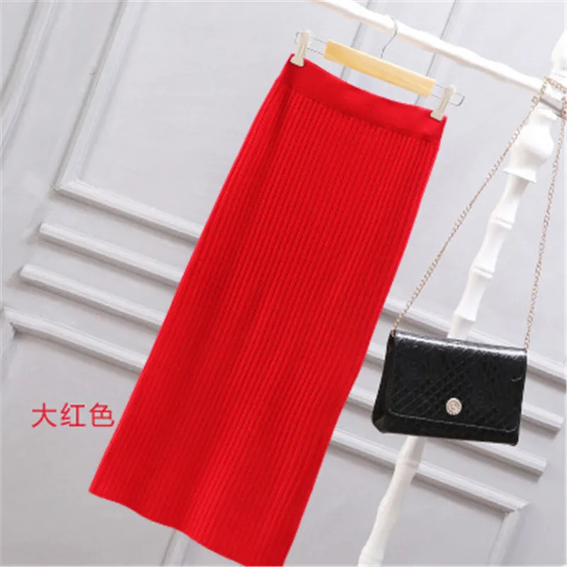 Корейская Коллекция осень-зима, вязаная юбка с высокой талией, OL, длинная юбка-карандаш, Женская открытая вязаная повседневная юбка средней длины PZ1443 - Цвет: Красный