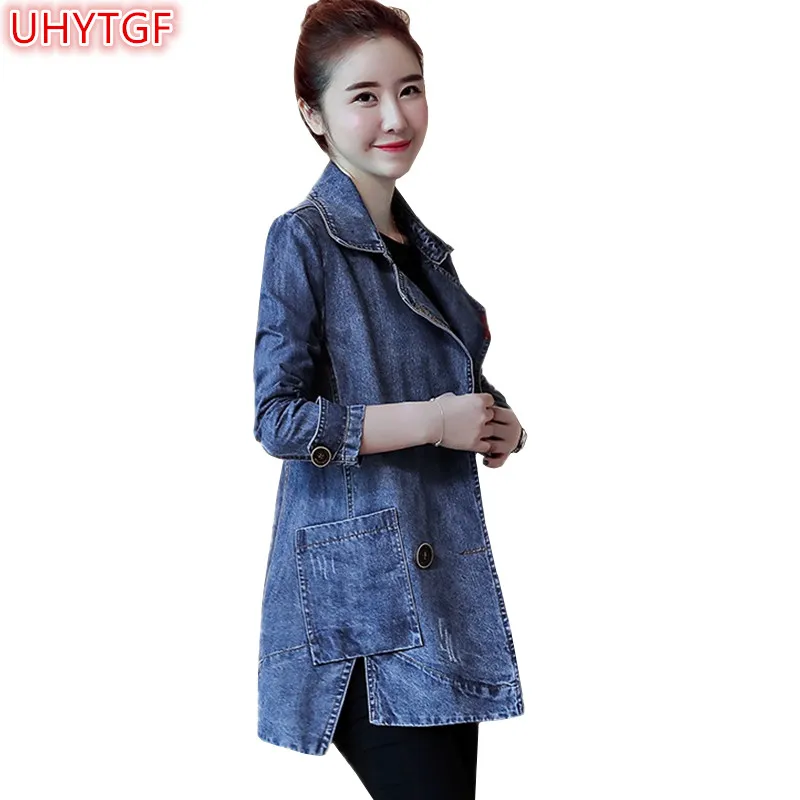Goede UHYTGF Casual Denim Jacket Vrouwen Jas Top Lente Herfst Jeans Jacket Vrouwen Kleding Plus size Vrouwelijke Blauwe Jas Breasted 68