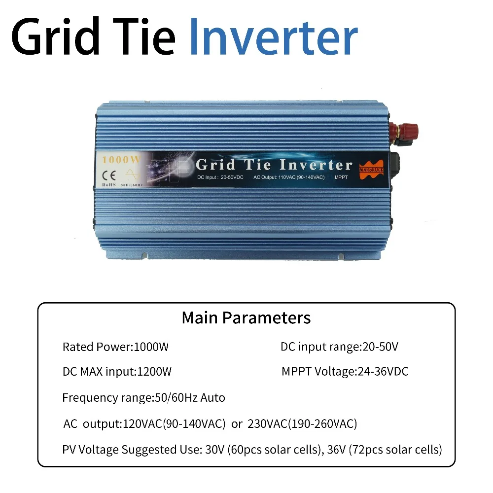 1000W 20-50VDC сетевой инвертор, 90-140VAC чистая синусоида инвертор для 24 V, 30 V, 36V PV модуль и ветряная турбина