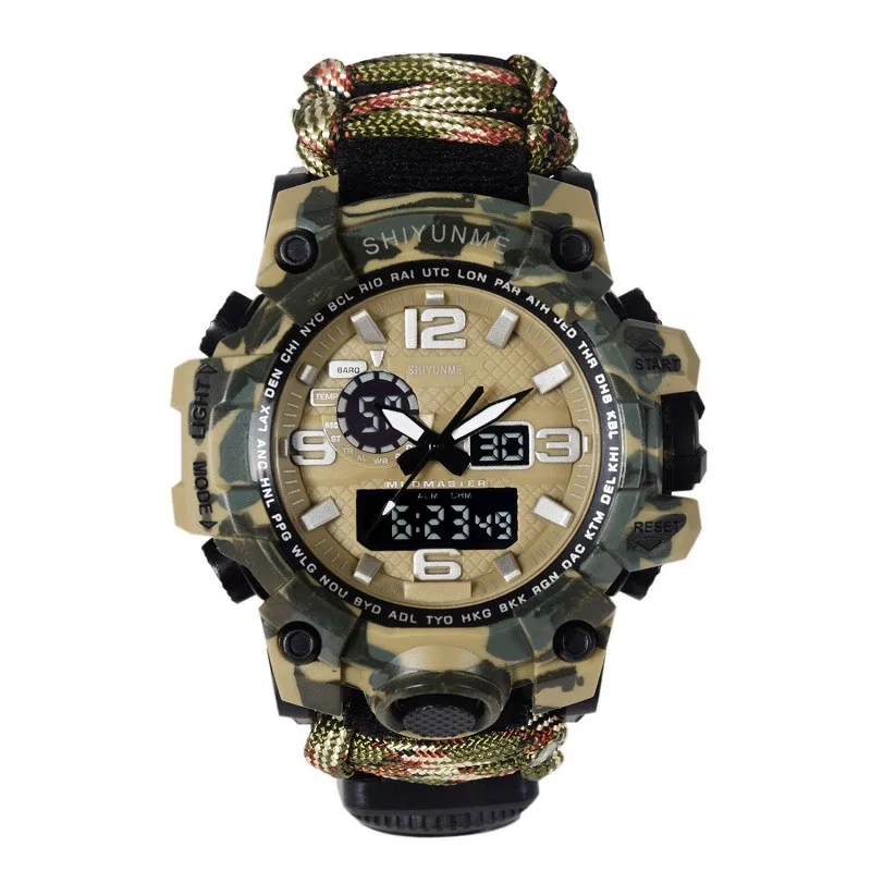 Preise Outdoor Survival Uhr Wasserdicht EDC Erste Hilfe Kits Notfall Getriebe Camping Paracord Armband Messer Kompass Pfeife Thermometer