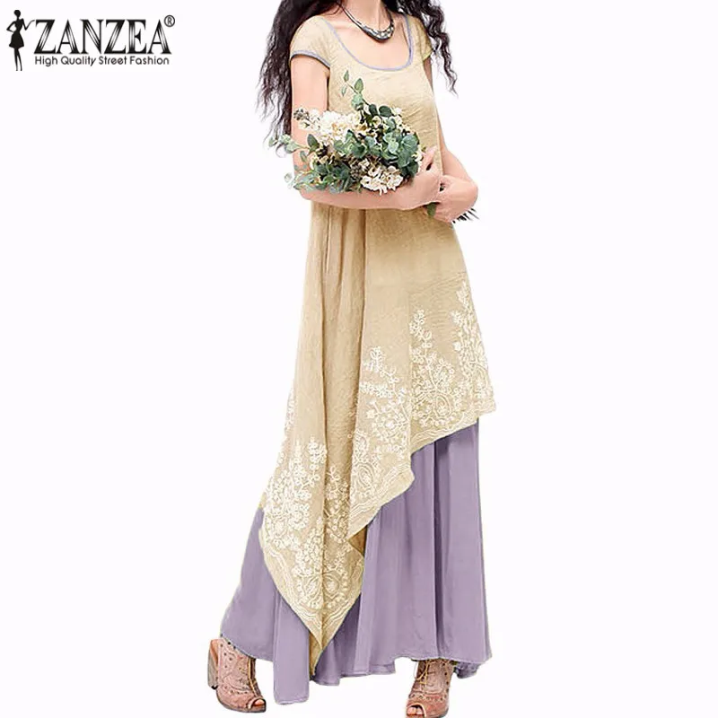 

7 Colors Vestidos 2019 Summer ZANZEA Women Vintage Loose Maxi Dress Short Sleeve Floral Embroidery Two Layers Dress Oversized