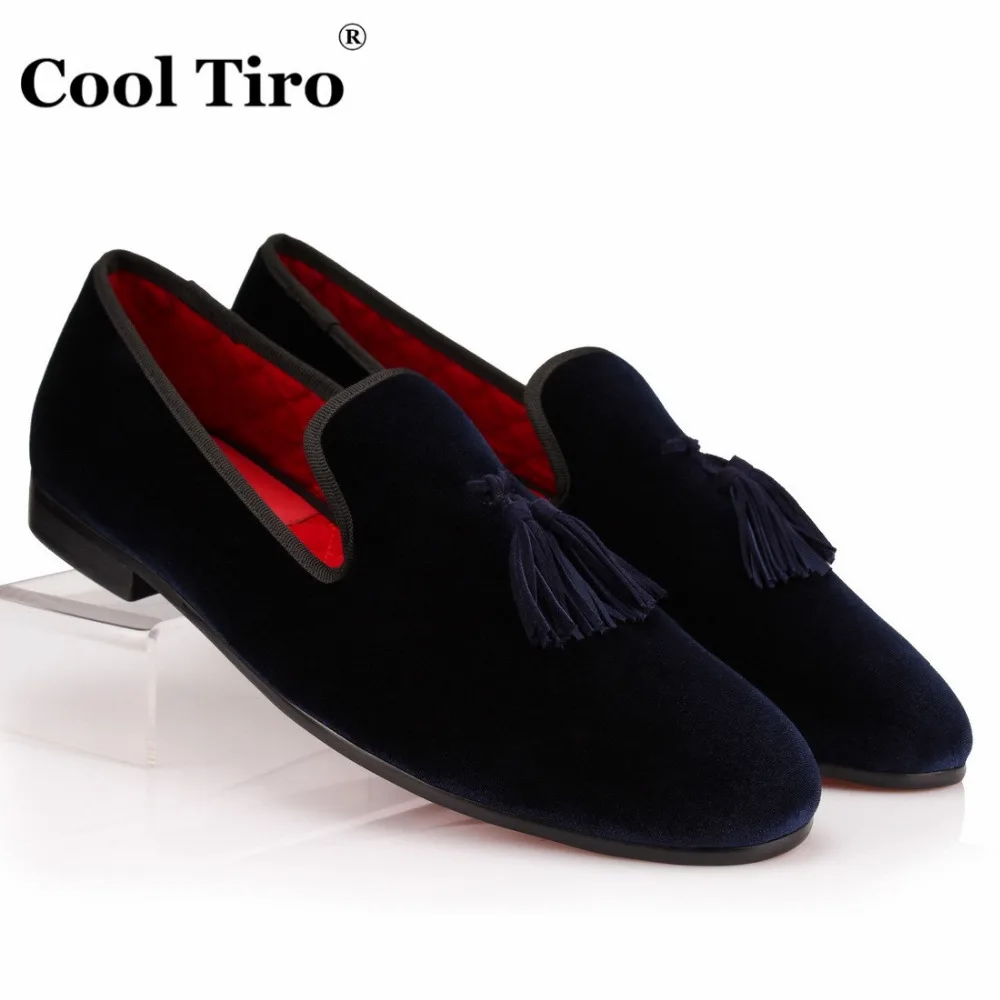 

COOL TIRO Tassel loafers Mens Velvet Shoes Handmade Navy Blue Velour Slippers Smoking Wedding Party Dress Shoes Men's Flats