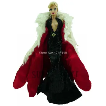 

Fashion Outfit Black Sequin Deep V Dress With High Side Slit White Fur Overcoat Wedding Party For Barbie Doll Clothes 11.5" 12"