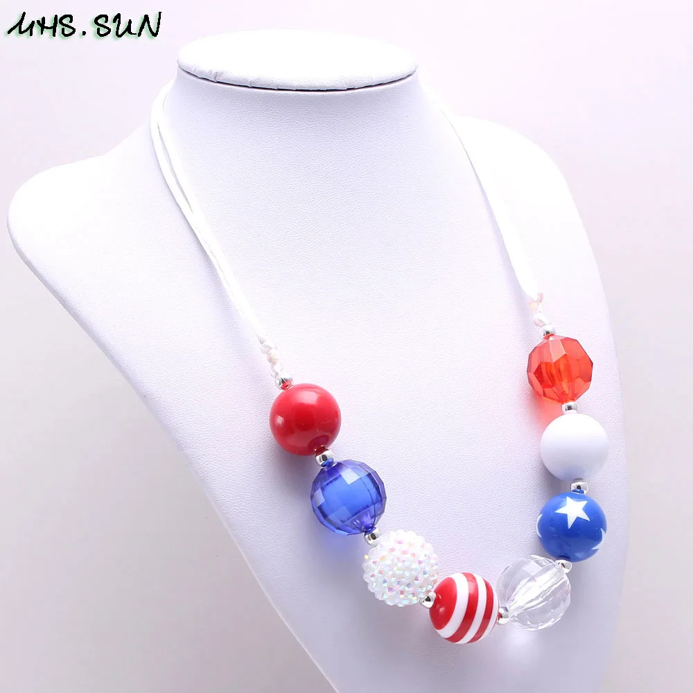 BN576-1 (3),$1.8-1PC,50g.4th July USA Flag Style Kids Baby Chunky Strand Beaded Necklace Cute Bubblegum Necklace Rope Chain Choker Necklace 1PCJPG