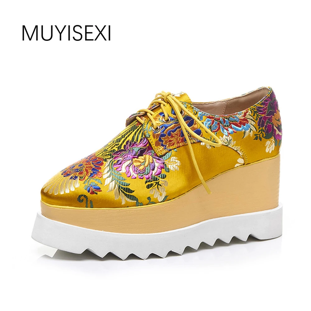 

Women Platform Shoes Sneakers Silk with Embroidery Lace-Up Square Toe Flat Platform Oxfords Shoes Black Yellow BB01 MUYISEXI
