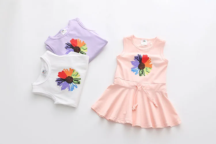 2018 Summer 2-10 Years Children Birthday Oil Painting Cartoon Big Flowe Print Princess Waist Drawstring Kids Girl Flower Dress (9)