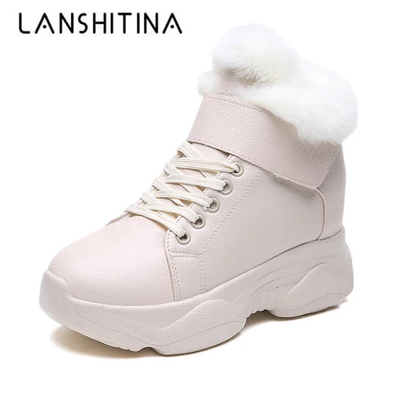 

New 2018 Women Winter Ankle Boots Wedges Heels Platform Sneaker Warm Fur Snow Boots Woman Thick Sole 9CM High Heels Cotton Shoes