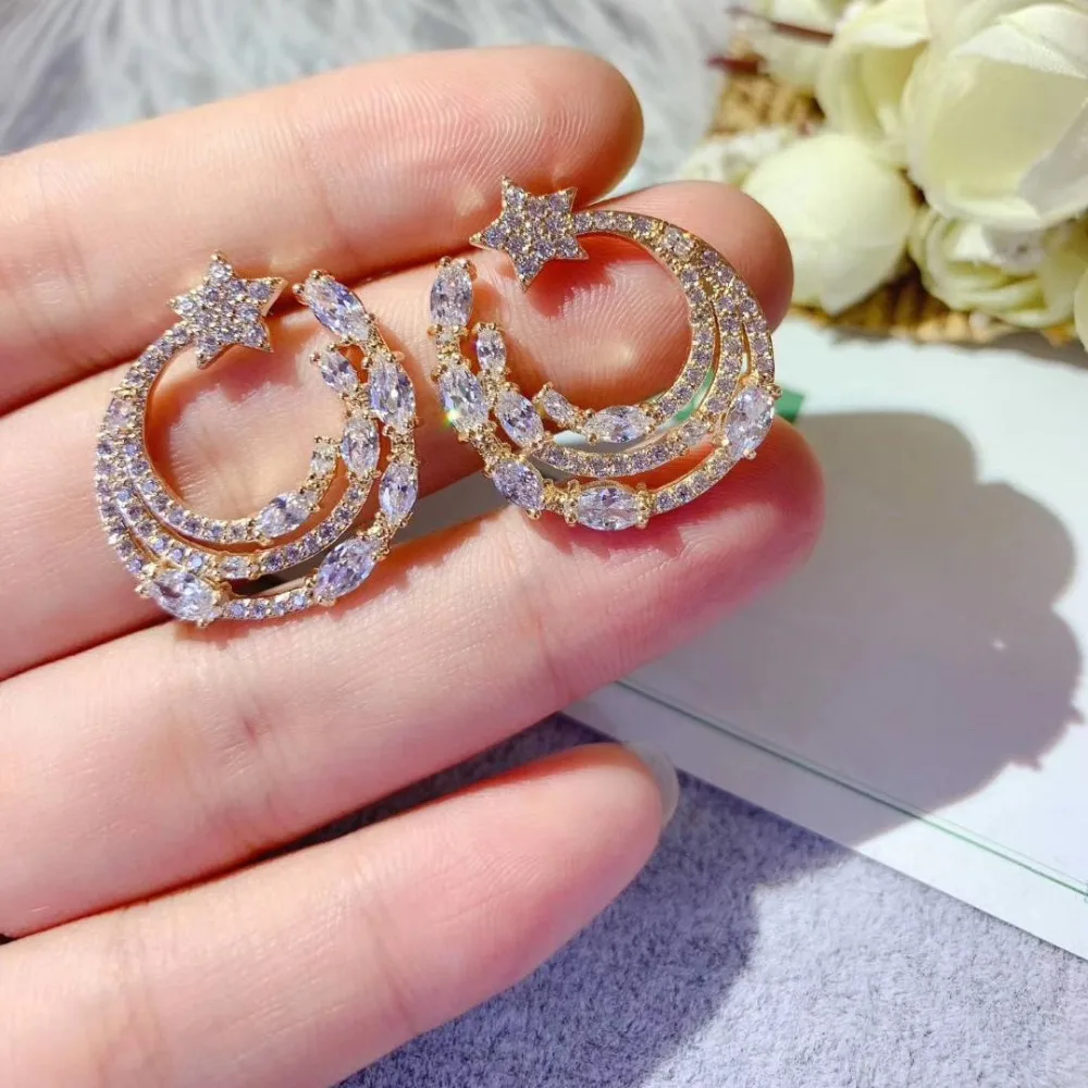 Модные золотые кубического циркония звезды серьга-гвоздик в форме месяца для Для женщин Свадебные украшения серьги с фианитом Umode d'oreille E9081