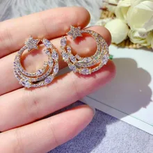 Модные золотые кубического циркония звезды серьга-гвоздик в форме месяца для Для женщин Свадебные украшения серьги с фианитом Umode d'oreille E9081