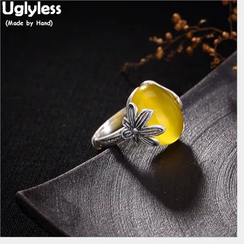 

Uglyless 100% Real Solid 990 Fine Silver Handmade Orchid grass Open Rings for Women Thai Silver Floral Ring Chalcedony Jewelry
