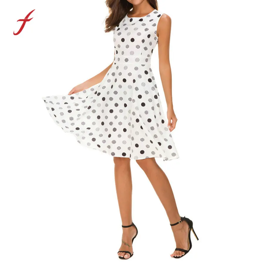 

Feitong Casual Dresses Women Vestidos Sleeveless Dot Printing Solid Spring Summer Dress Evening Party Dress Swing Dress Vestidos