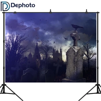 

Dephoto Cloudy Night Hazy Castle Tree Crow Cemetery Halloween Photography Backdrops Vinyl Custom Backgrounds For Photo Studio