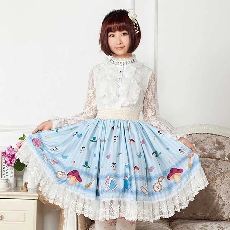 Харуюку Алиса в мире стиль Лолита принцесса кружево средней Юбки Леди Плиссированные мультфильм нот кружева хлопок высокое качество юбка