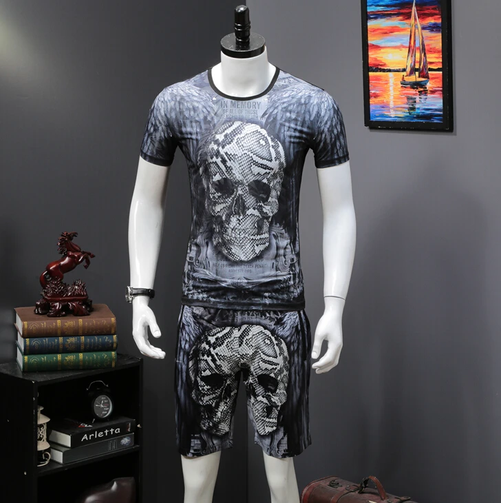 

New Summer Personality Skull Printed big Size Suit Men's Short Sleeves Two-piece Suit Men's tracksuit