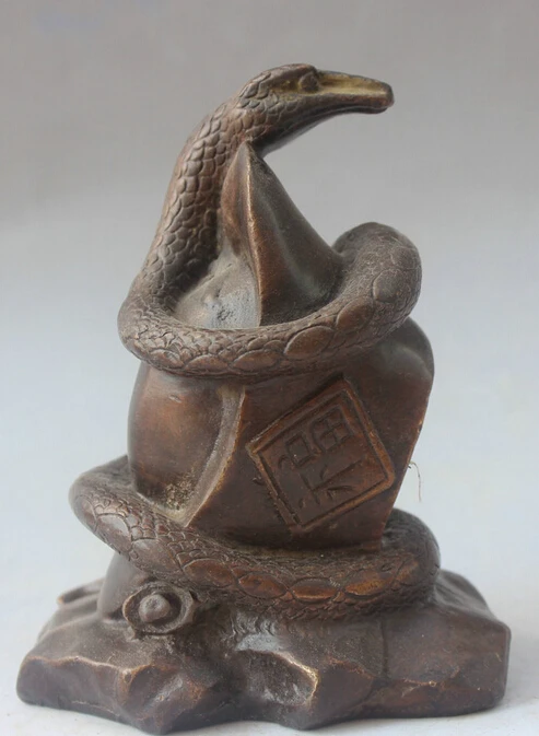 

6" Chinese Bronze Wealth Fu Folk Feng Shui Zodiac Year Snake Statue sculpture