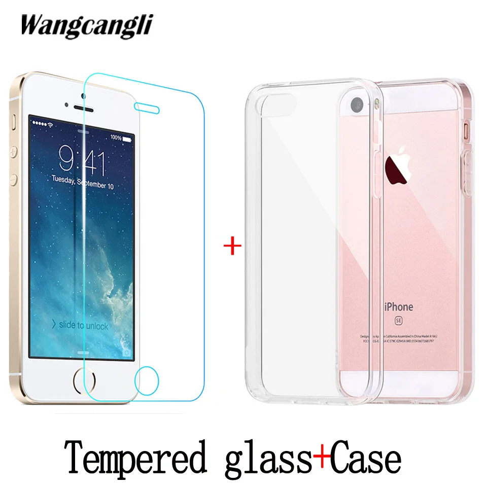 

For iPhone 5 mobile phone case + protective film iPhone 5 6 7 8 protective glass ultra-thin transparent silicone case wangcangli