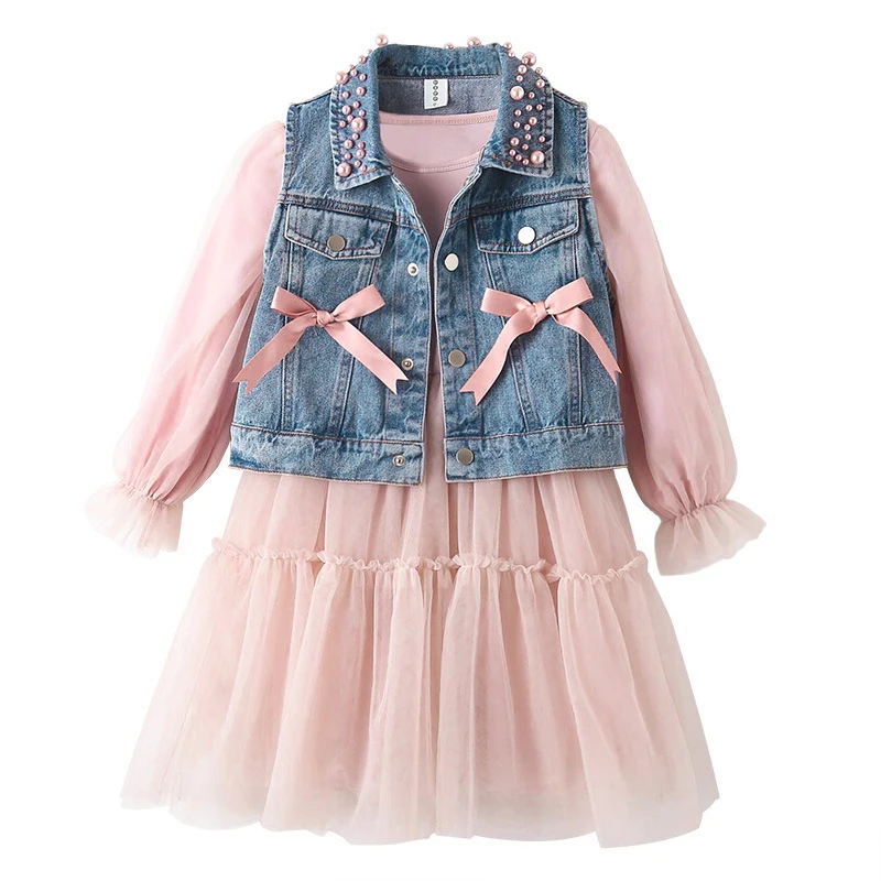 

Children Spring Autumn Clothes Suits Long Sleeve Gauze Dress+beading Denim Vest 2pcs Princess Clothing for Babies Kids 2-12T