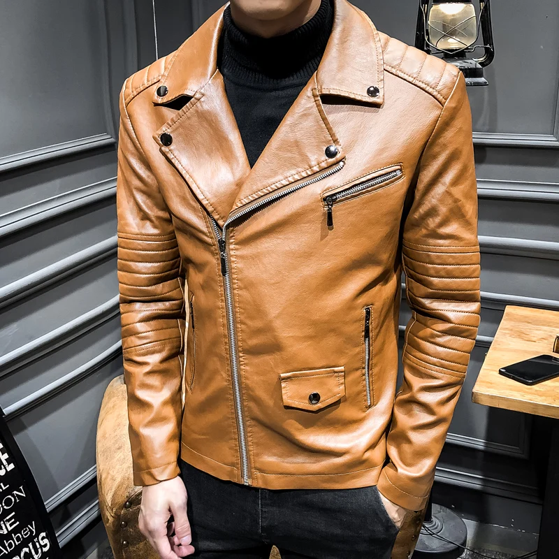 Мужские кожаные куртки, тонкий воротник, Байкерская мотоциклетная куртка, Мужская верхняя одежда, мужская куртка из искусственной кожи, пальто, мужская одежда - Цвет: brown